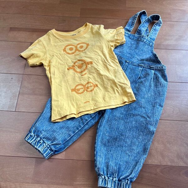 100cm、コーデセット、UNIQLO、ユニクロ、しまむら、ミニオン、Tシャツ、サロペットコーデ、子供服、キッズ服、ベビー服