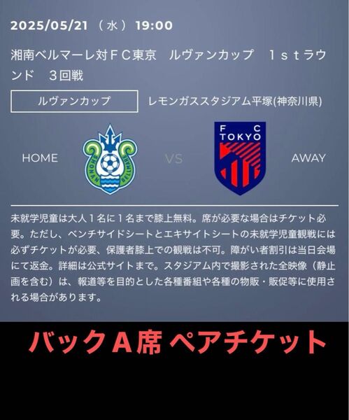 湘南ベルマーレ対FC東京 バックA指定席 ペアチケット