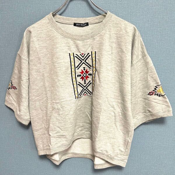 a0045 SPRAY PREMIUM 刺繍入り ショート丈 Tシャツ グレ ー Mサイズ