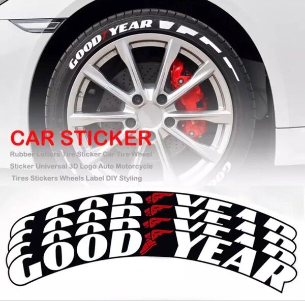 グッドイヤー タイヤステッカー 1台分 8枚 GOODYEAR タイヤレター 専用接着剤2個付き