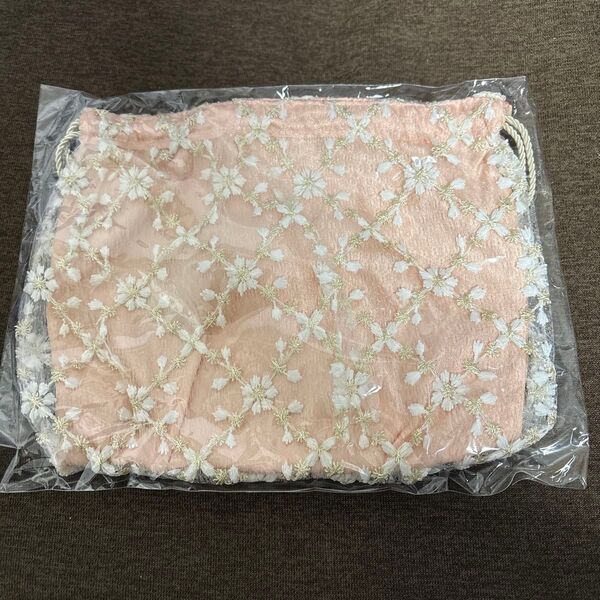 【新品】格子柄花刺繍生地巾着
