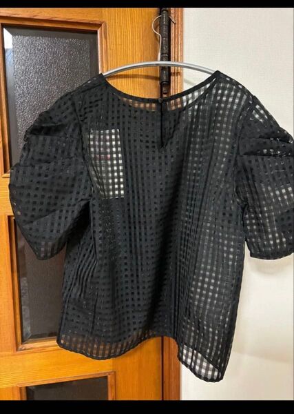 タグ付き夏トップス パフスリーブシフォンブラウス レディース チェック柄