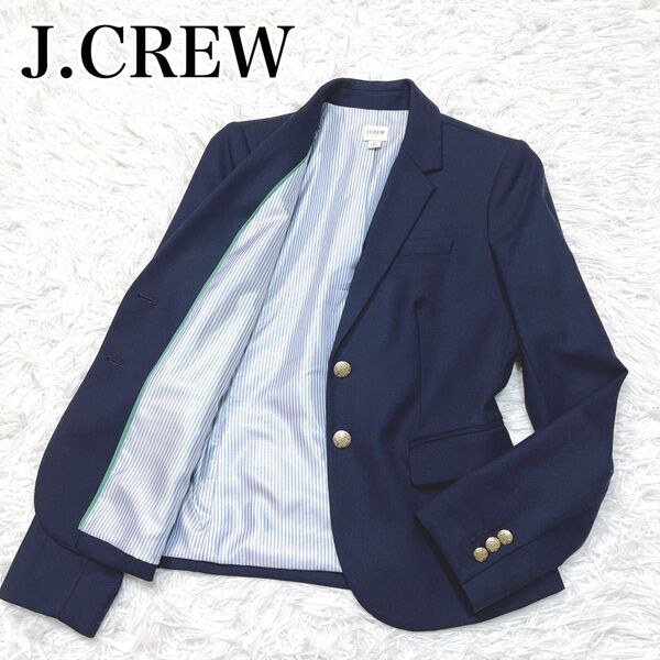 【美品】J.CREW 紺ブレ 金ボタン テーラードジャケット ブレザー ネイビー ウールブレンド 本切羽 裏地ストライプ