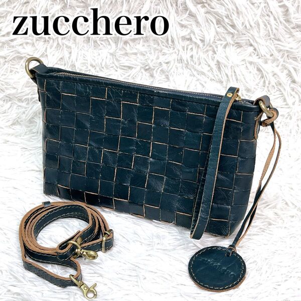 【現行】zucchero ズッケロ カウレザー イントレチャート メッシュ編み ショルダーバッグ クラッチバッグ 本革 チャーム