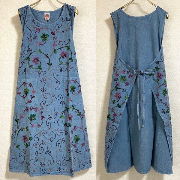 未使用タグ付◆インド綿【刺繍エプロンドレス】ロングワンピース風 体型カバー フリーサイズ おしゃれ