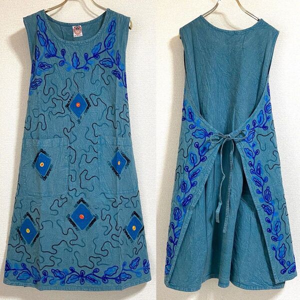 未使用タグ付◆インド綿【刺繍エプロンドレス】ロングワンピース風 体型カバー フリーサイズ おしゃれ