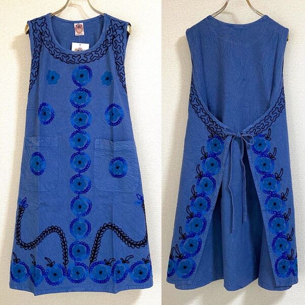 未使用タグ付◆インド綿【刺繍エプロンドレス】ロングワンピース風 体型カバー フリーサイズ おしゃれ