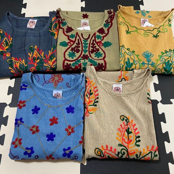 【アウトレット】未使用タグ付 インド製 刺繍エプロン ロングワンピース風 5点セット おしゃれエプロン