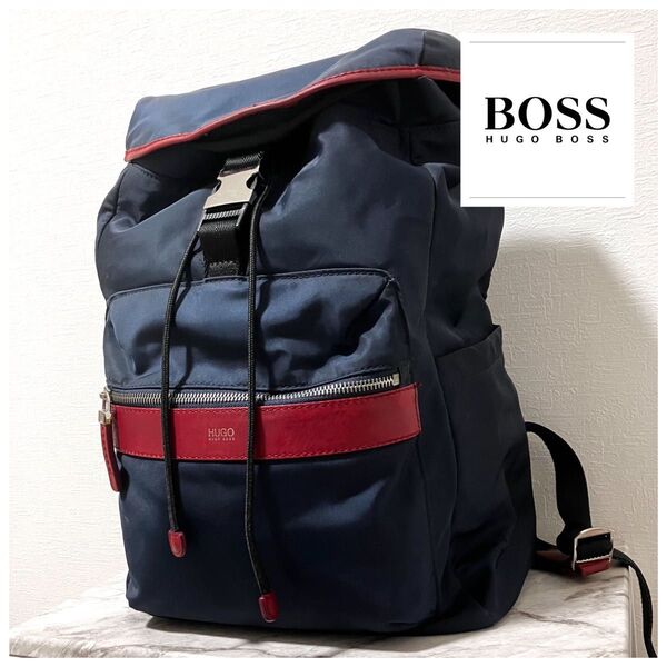 大容量 ヒューゴボス HUGO BOSSナイロン レザー リュック ネイビー
