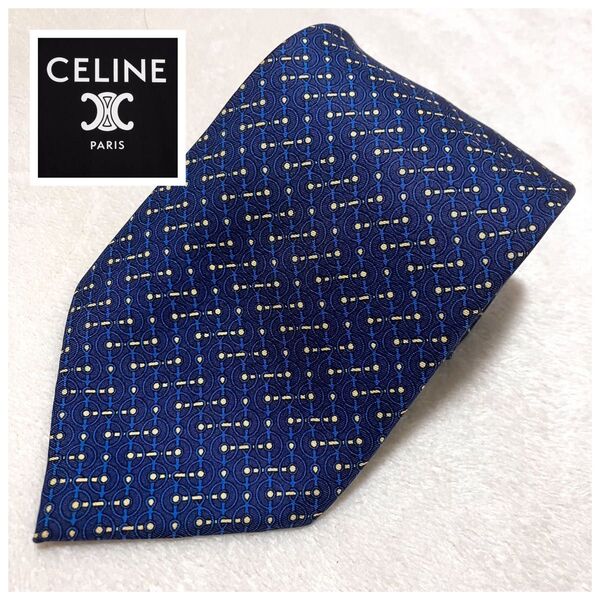 美品 セリーヌ CELINE 総柄 ネクタイ ネイビー シルク100%