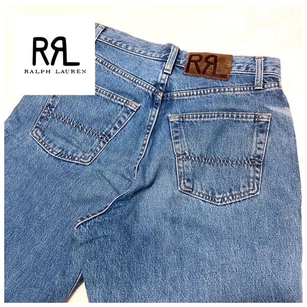 希少 ダブルアールエル RRL クロップドデニムパンツ ブルー ロゴレザーパッチ