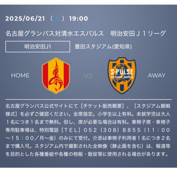 名古屋グランパス 対 清水エスパルス J1リーグ 豊田スタジアム 6月21日 豊スタ バック4階指定席 ペア