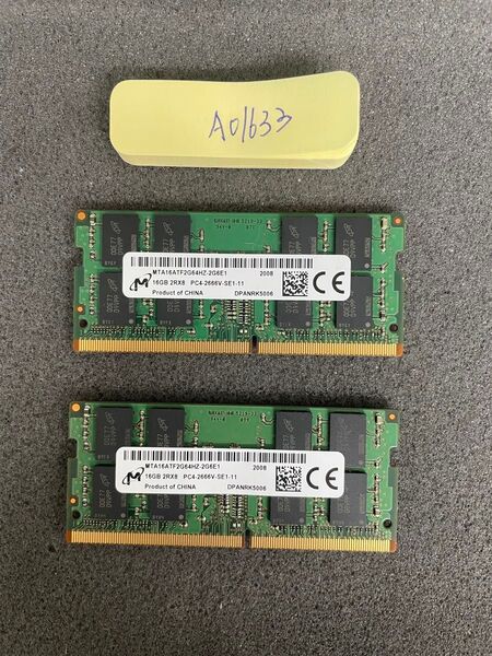 A01633/中古品/ノートパソコンメモリ-32GB/Micron/16GB-DDR4-2666V 2枚セット/動作確認済み