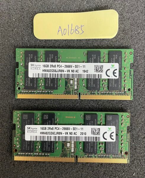 A01685/中古品/ノートパソコンメモリ-32GB/SK hynix/16GB-DDR4-2666V 2枚セット/動作確認済み