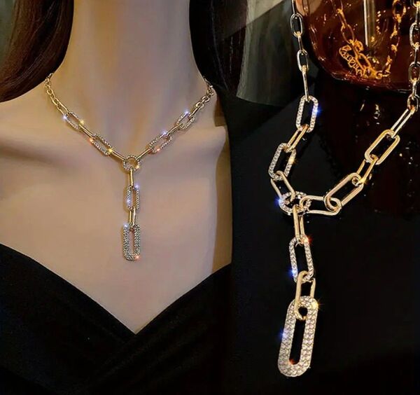 ゴールドネックレス ラインストーンネックレス インポート品 韓国ネックレス キラキラネックレス チェーンネックレス