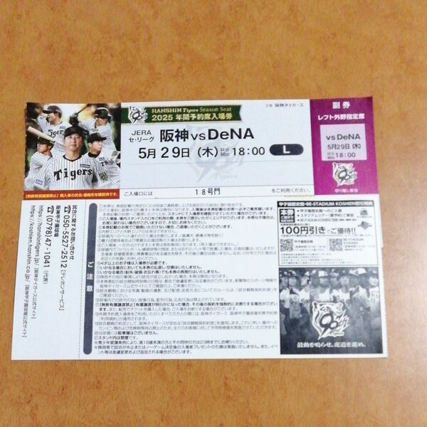 5月29日(木) 阪神甲子園球場 阪神 vs DeNA レフト外野指定席 2枚 連番