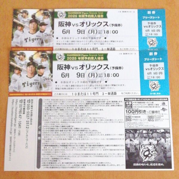 予備券 6月9日(月) 阪神甲子園球場 阪神 vs オリックス ブリーズシート指定席 2枚 連番