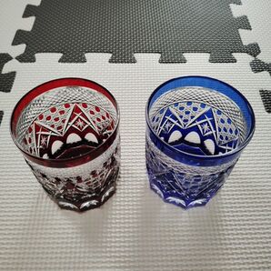 清水硝子製江戸切子 赤青ペアグラス 桐箱入り