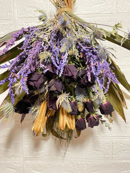 薔薇 アメジストセージ エリンジュームのおっきなスワッグ ドライフラワー ハンドメイド ドライフラワースワッグ