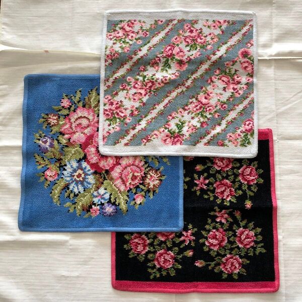 FEILER 大判 ハンカチ3枚 未使用品 フェイラー ブーケ バラ 花柄 ローズ 薔薇 シェニール織り タオルハンカチ