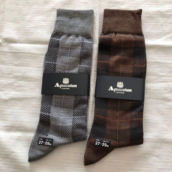 未着用品 Aquascutum 紳士 靴下 2足セット 27〜29cm レナウン 日本製 アクアスキュータム チェック