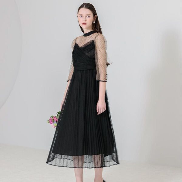 Leja レジャ 総レースドットチュールレイヤードプリーツ後ろリボンワンピース 結婚式 同窓会 パーティー オケージョンドレス
