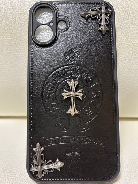 iPhone16Plus★最新素材TPUスマホケース★3チャーム付き人気のホースシュー&クロス【ブラック】