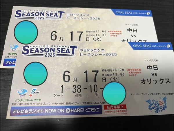 6月17日 バンテリンドームナゴヤ 中日ドラゴンズ オパールシート 通路側