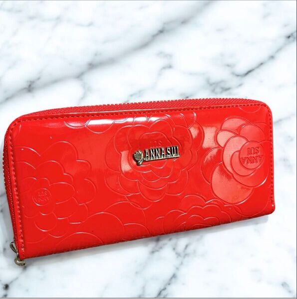 ANNA SUI アナスイ 長財布 フラワー型押し 赤 レッド エナメル調