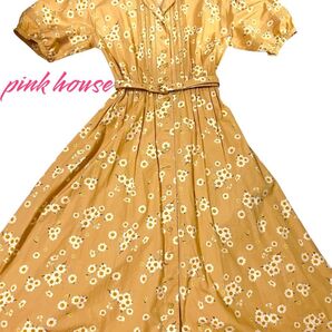 【美品】PINKHOUSE ロングワンピース デイジー マーガレット柄 ベルト フリル 開襟ワンピース
