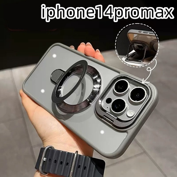 iphone14promaxケース カーバー TPU カメラ保護 ワイヤレス充電 スタンド お洒落 グレー