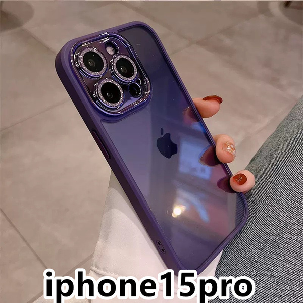 iphone15proケース カーバー レンズ保護付き 透明 お洒落 韓国 軽い ケース 耐衝撃 高品質 紫121