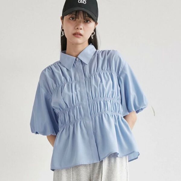 ViS シャーリングバルーンシャツ フリーサイズ ブルー 美品