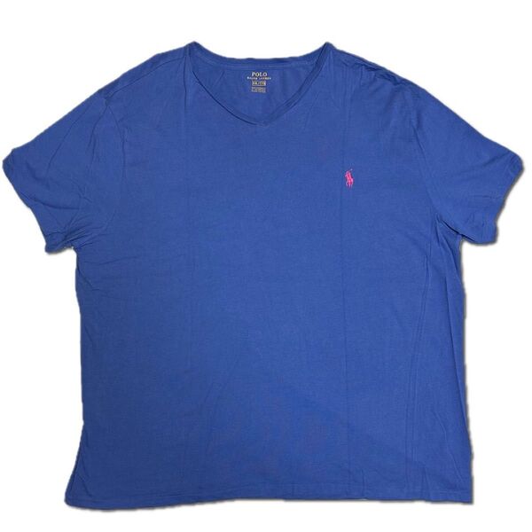 【Used】Polo Ralph Lauren ポロラルフローレン ワンポイント刺繍ロゴ VネックTシャツ XXL 青 ブルー