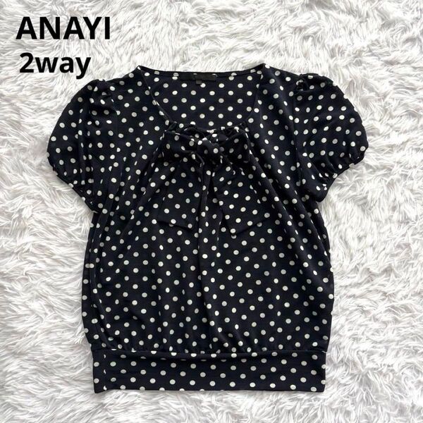 ANAYI ブラウス ドット リボン付き ボウタイ 半袖 プルオーバー トップス カットソー Tシャツ 総柄