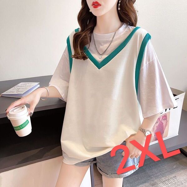 LUEA077レディース Tシャツ トップス 重ね着風 夏 半袖 大きいサイズ