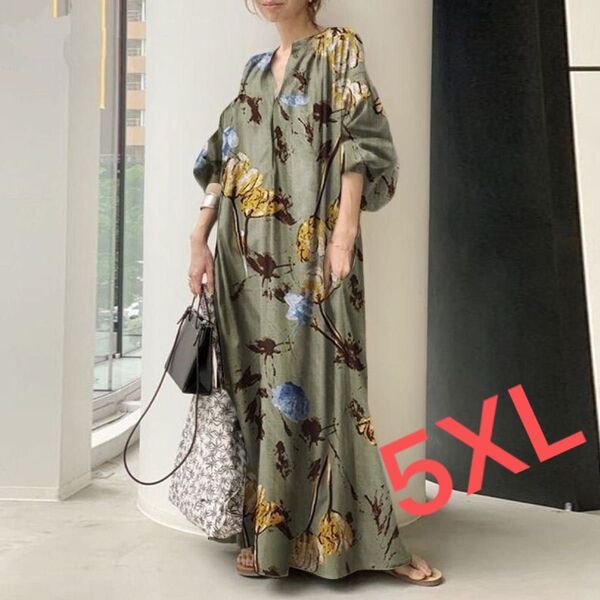 LWFA059 マキシ丈ワンピース レデイーズ 大きいサイズ 七分袖 綿麻風