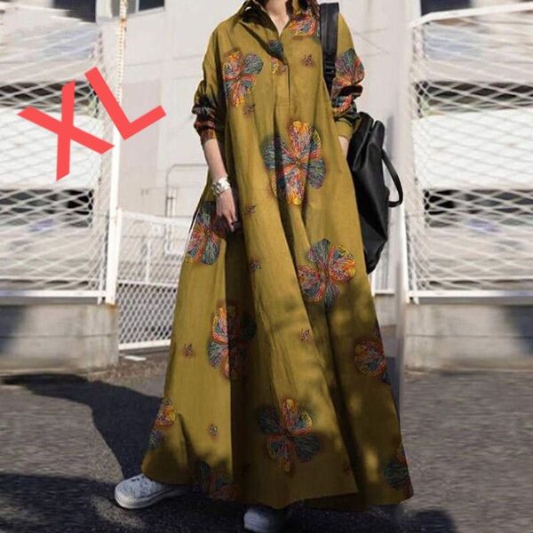 ロングワンピース 大きいサイズ 花柄 長袖 体型カバー 春 夏 LWGA004