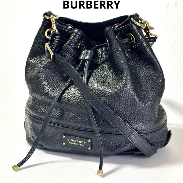 【美品】 BURBERRY 巾着 ショルダーバッグ 本革 ノバチェック 黒 巾着型