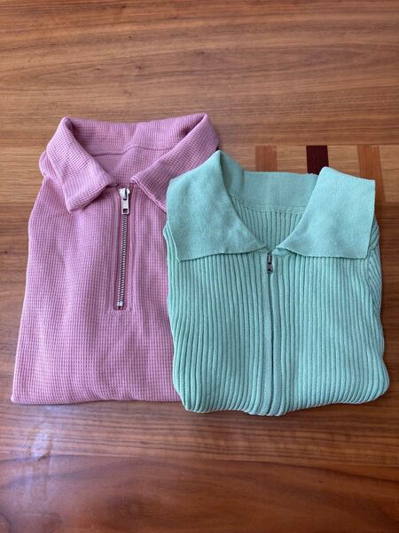 ジッパー付きポロシャツ 2点セット(ピンク・グリーン) シーン 半袖 トップス SHEIN