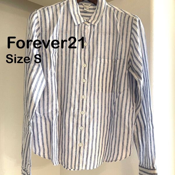 Forever21 ストライプシャツ Sサイズ レディース ブルー系 胸ポケット付き 長袖 羽織 冷房対策