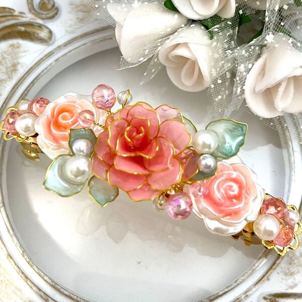ローズのバレッタ ハンドメイド ディップフラワー ピンク