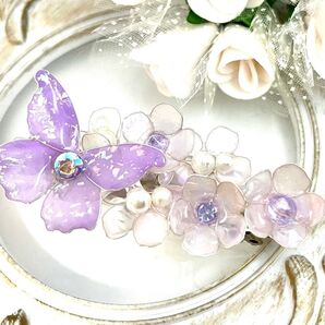 紫蝶とお花のバレッタ ハンドメイド ヘアアクセサリー ディップフラワー