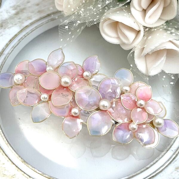 紫陽花のバレッタ ピンク ディップフラワー ハンドメイド