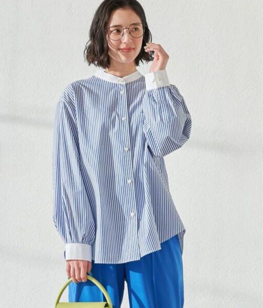 美品☆グリーンレーベルリラクシング バンドカラー 長袖ストライプシャツ オーバーサイズ