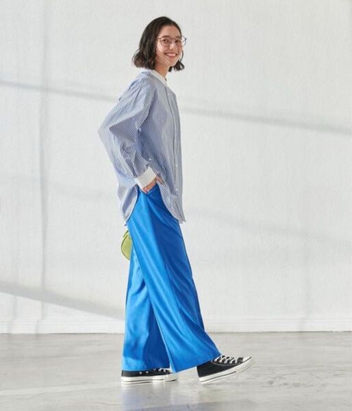 美品☆グリーンレーベルリラクシング バンドカラー 長袖ストライプシャツ ゆったり