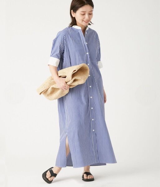 美品☆ ジャーナルスタンダード バンドカラー ストライプ ロングシャツワンピース