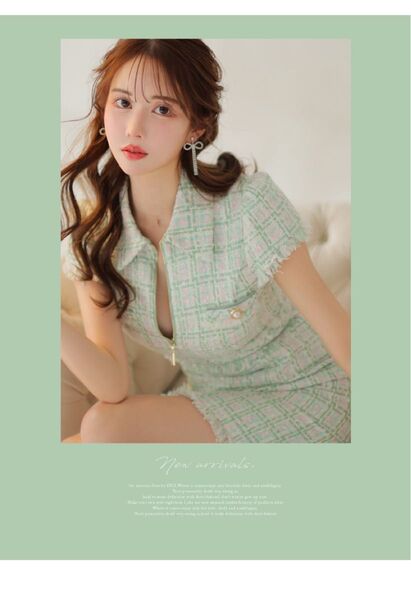 ROBE de FLEURS ジッパー×襟付きスプリングツイードドレス ミント