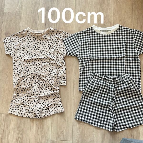 新品未使用 100cm 総柄セットアップセット パジャマ 半袖Tシャツ ハーフパンツ 短パン 保育園着 上下セット
