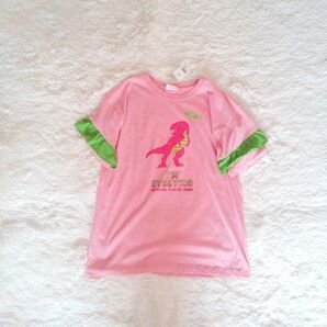 【レア完売新品】USJ限定ジュラシックパーク ピンク フリルオーバーTシャツ L 半袖 恐竜プリント